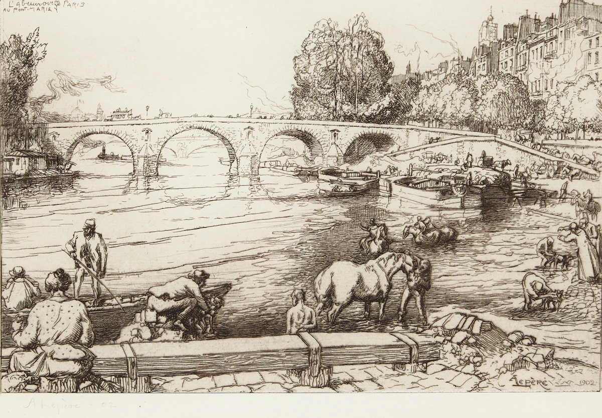 Auguste-Louis Lepère, L’abrevoir au Pont-Marie, Paris, etching, 1902