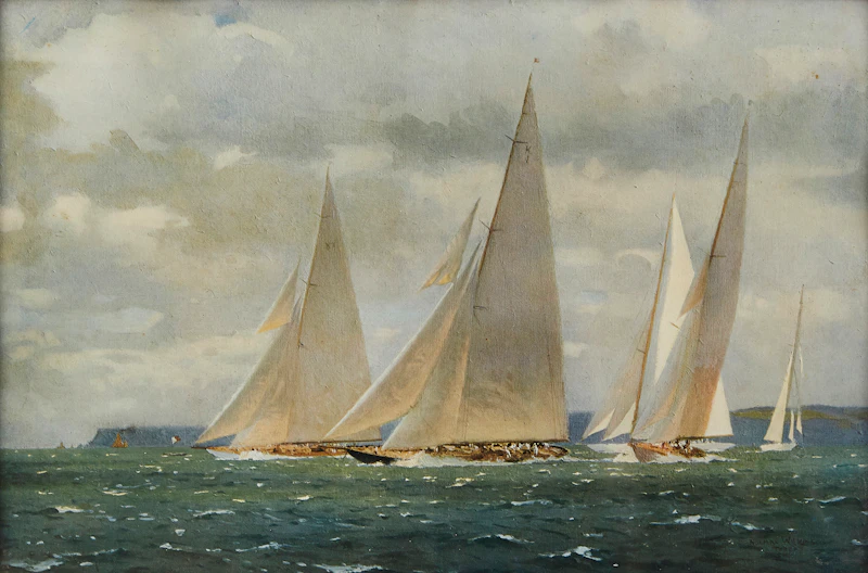 H.M.Y. Britannia Racing at Tor Bay by Norman Wilkinson