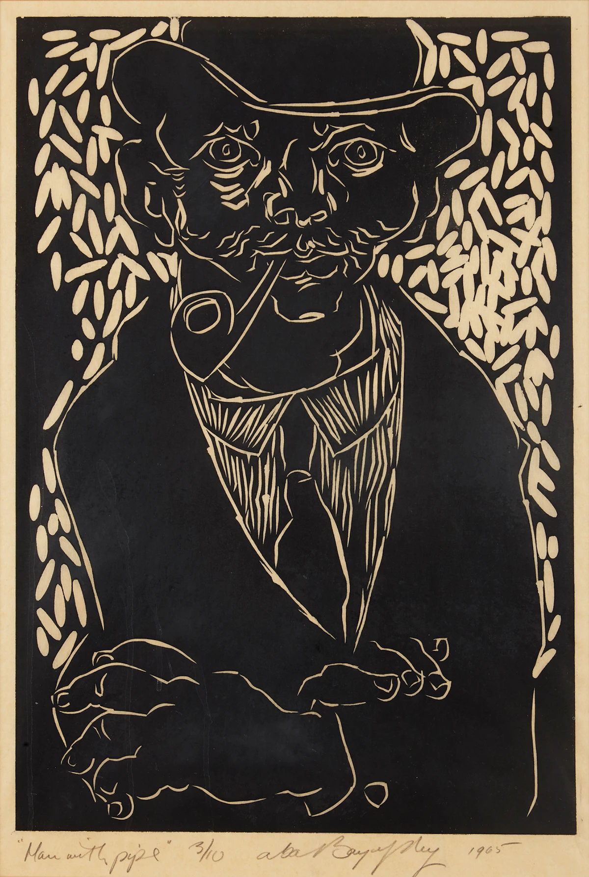 Aba Bayefsky, Man with Pipe, woodblock print, 1965