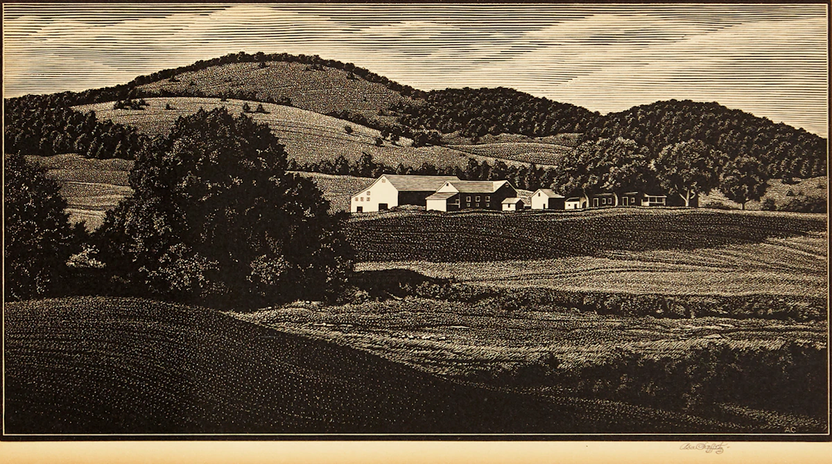 Asa Cheffetz, Summertime Vermont, wood engraving