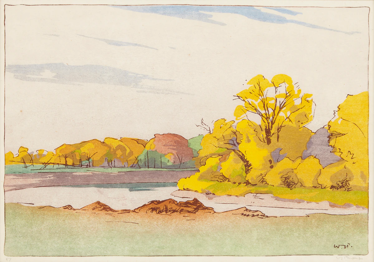Walter Joseph Phillips, Assiniboine River (1931), colour woodcut, 1931