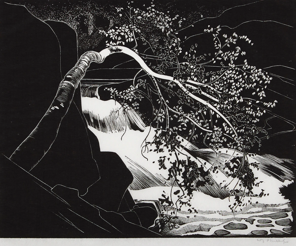 Walter Joseph Phillips, Rushing River, Lake of the Woods (1931), woodcut, 1931