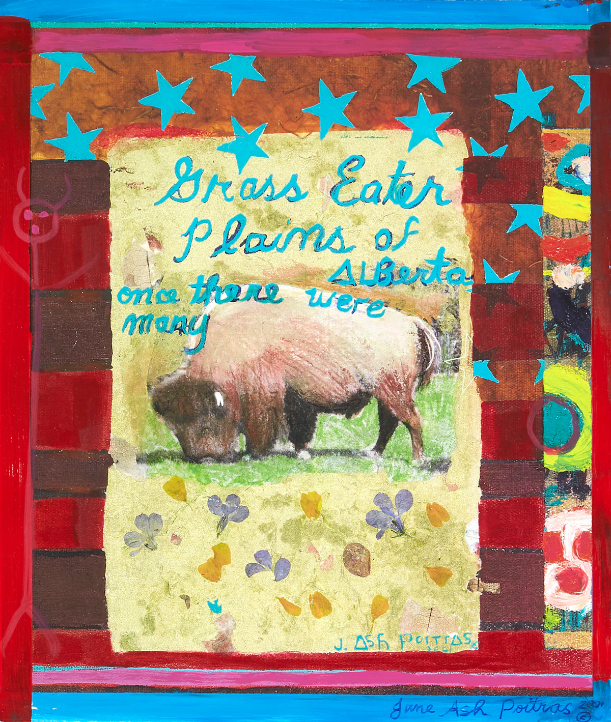 Jane Ash Poitras, Grass Eater, Plains of Alberta, once there were many, mixed media print, 2001