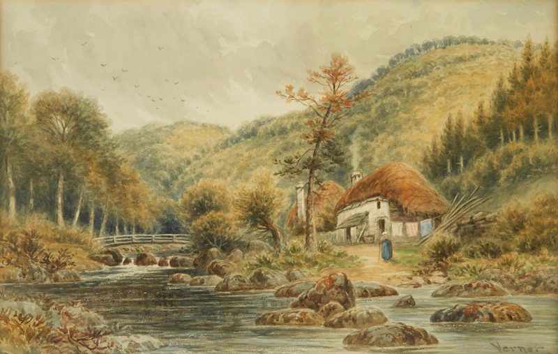 Frederick Arthur Verner, Cottage by the Stream, watercolour - view 2