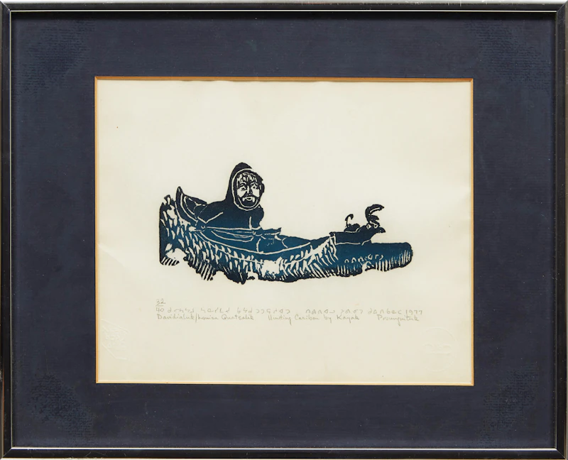 Davidialuk Alasua Amittu, Hunting Caribou by Kayak, stonecut, 1977 - view 2