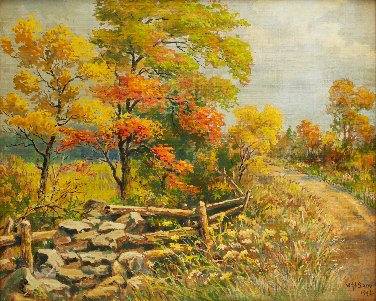 William Harvey Sadd, Autumn Landscape, oil on card, 1946