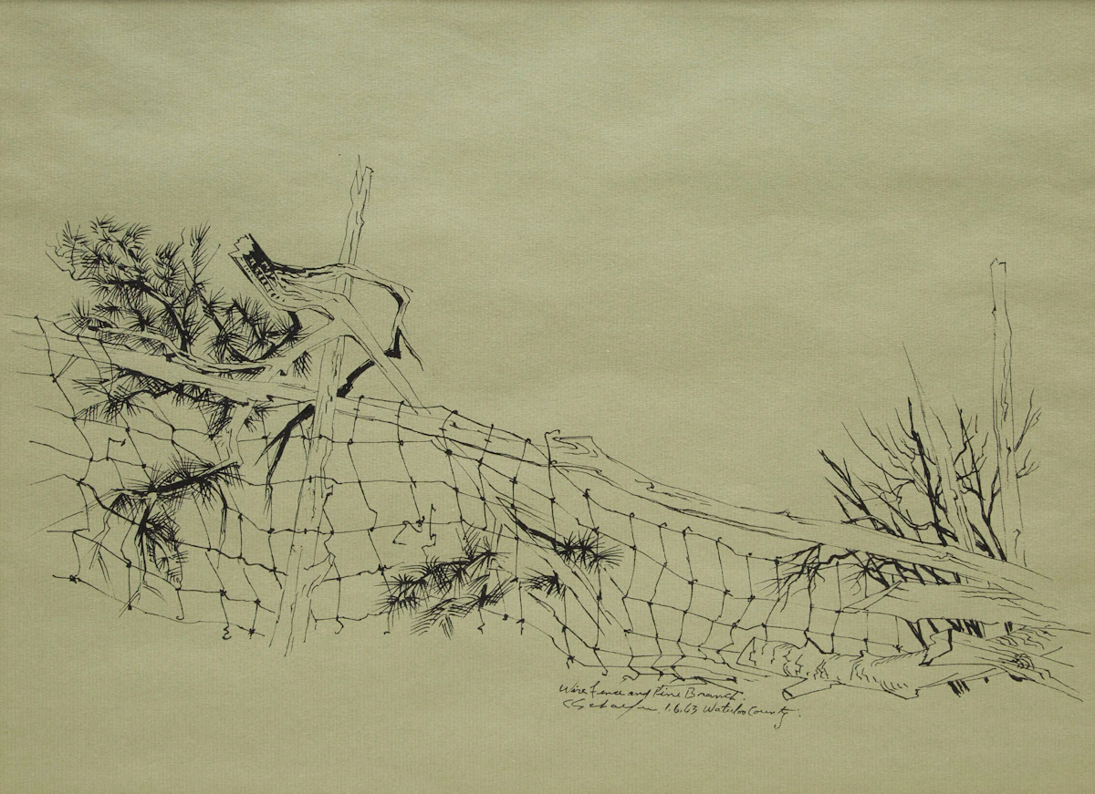 Carl Fellman Schaefer, Wire Fence and Pine Branch, Waterloo County, ink drawing, 1963