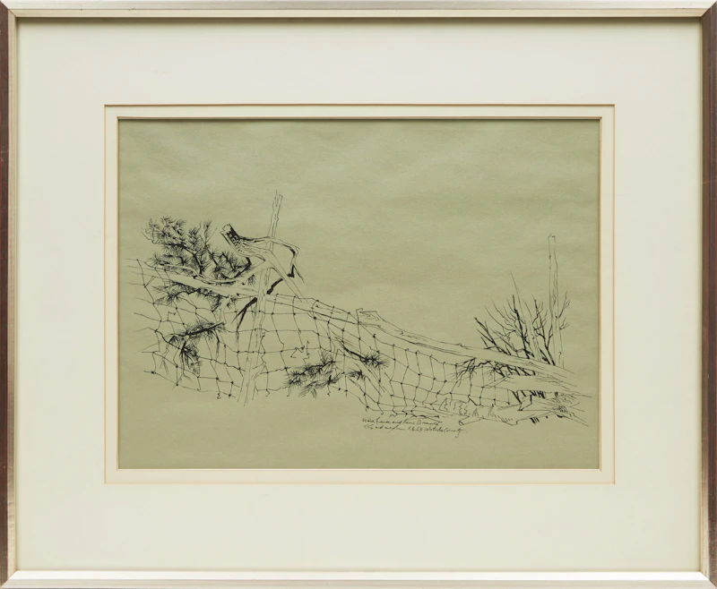 Carl Fellman Schaefer, Wire Fence and Pine Branch, Waterloo County, ink drawing, 1963 - view 2