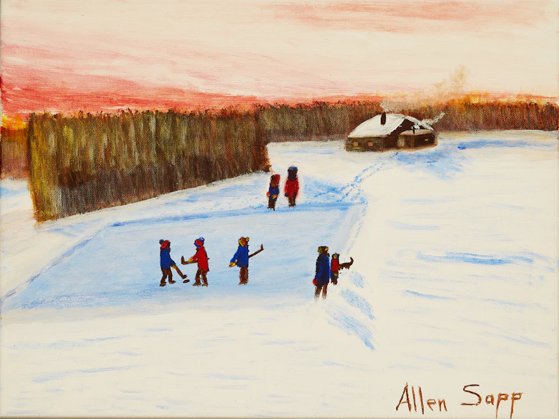 Allen Sapp, Playing Shinny, oil on canvas - view 2