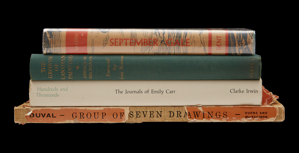 Books and Reference, September Gale: A Study of Arthur Lismer (John A.B. McLeish); The Growth of Canadian Painting (Donald W. Buchanan); Hundreds and Thousands: The Journals of Emily Carr (Clarke Irwin); Group of Seven Drawings (Paul Duval), four books