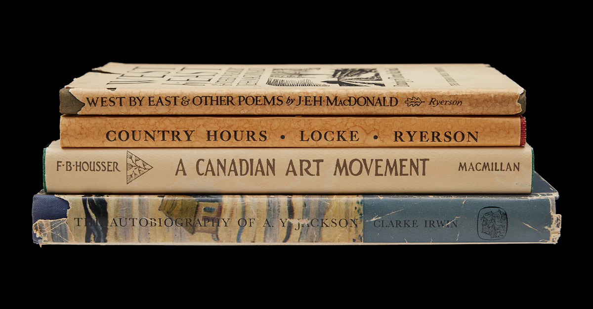 Books and Reference, A Painter’s Country (A.Y. Jackson); West by East (J.E.H. & Thoreau MacDonald); Country Hours (Locke); A Canadian Art Movement (F.B. Housser), four books