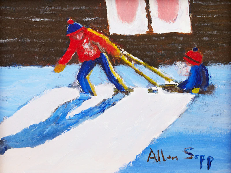 Allen Sapp, Being Pulled on a Sled, oil on canvas - view 3