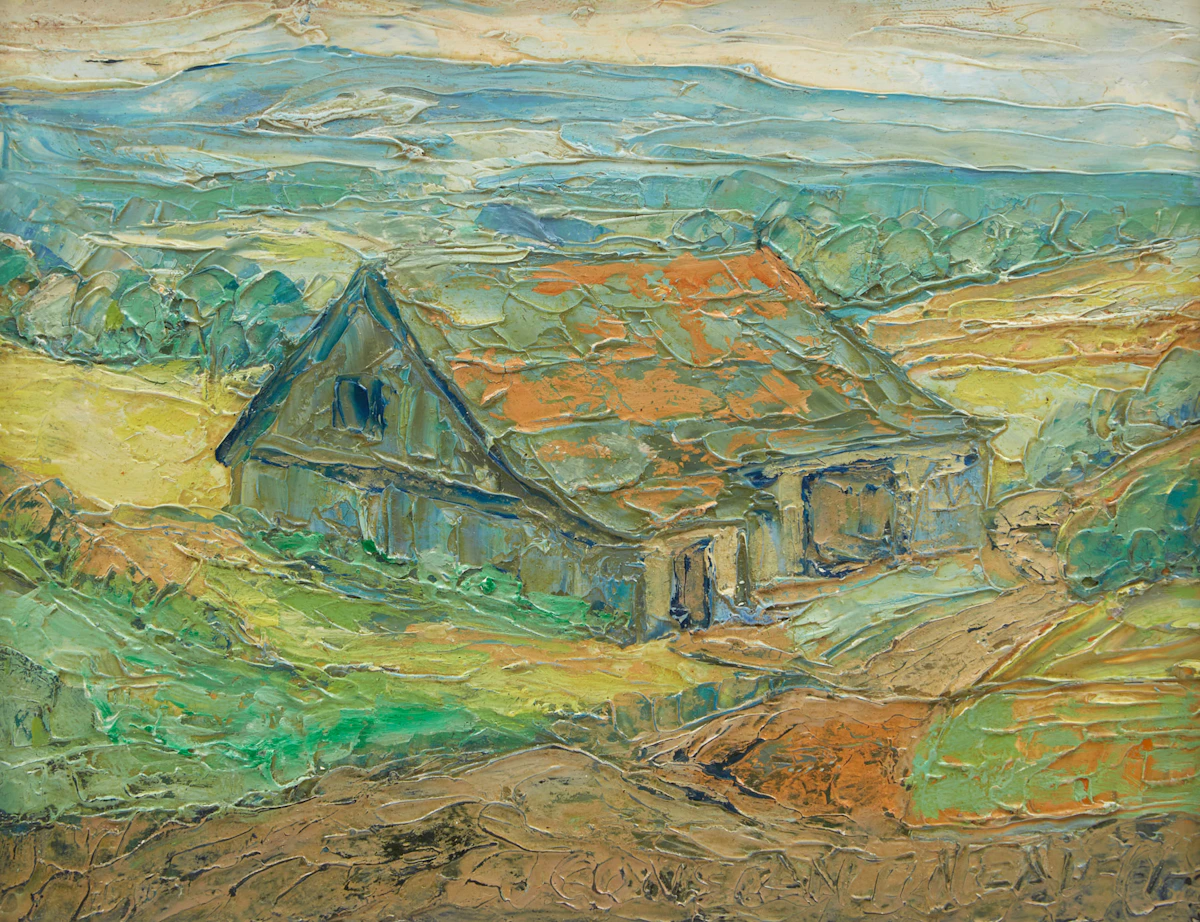 Jean Constantineau, Vieille grange, oil on board, 1979