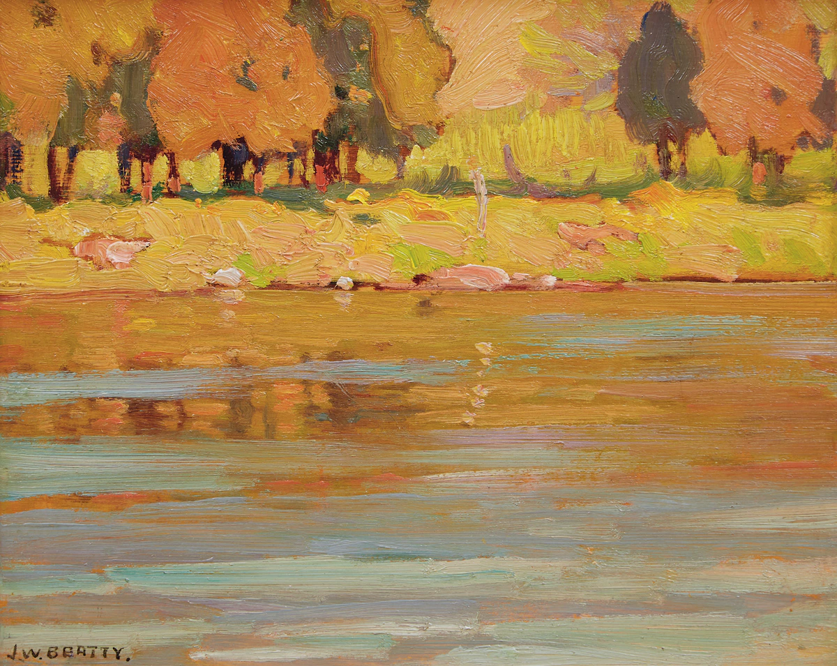 John William Beatty, Autumn Riverscape, oil on board