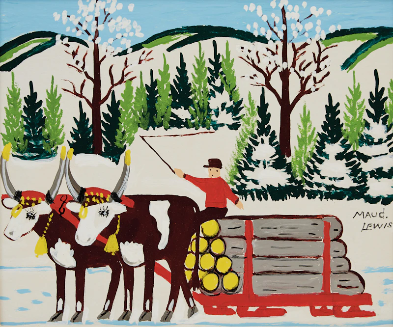 Maud Lewis, Pair of Oxen with Sled of Logs