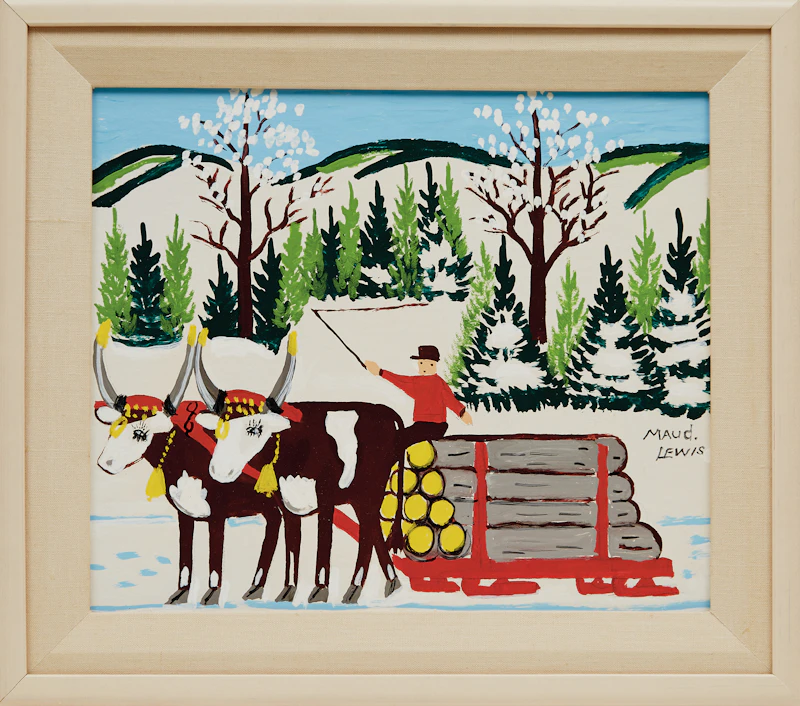 Maud Lewis, Pair of Oxen with Sled of Logs, mixed media on board - view 2