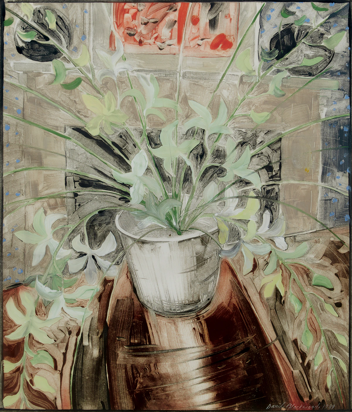 David Lloyd Blackwood, Orchids in a Silver Bowl, monotype on rice paper, 1989