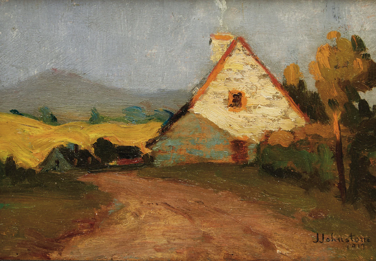 John Young Johnstone, Rural Homestead at Sunset, oil on board, 1917