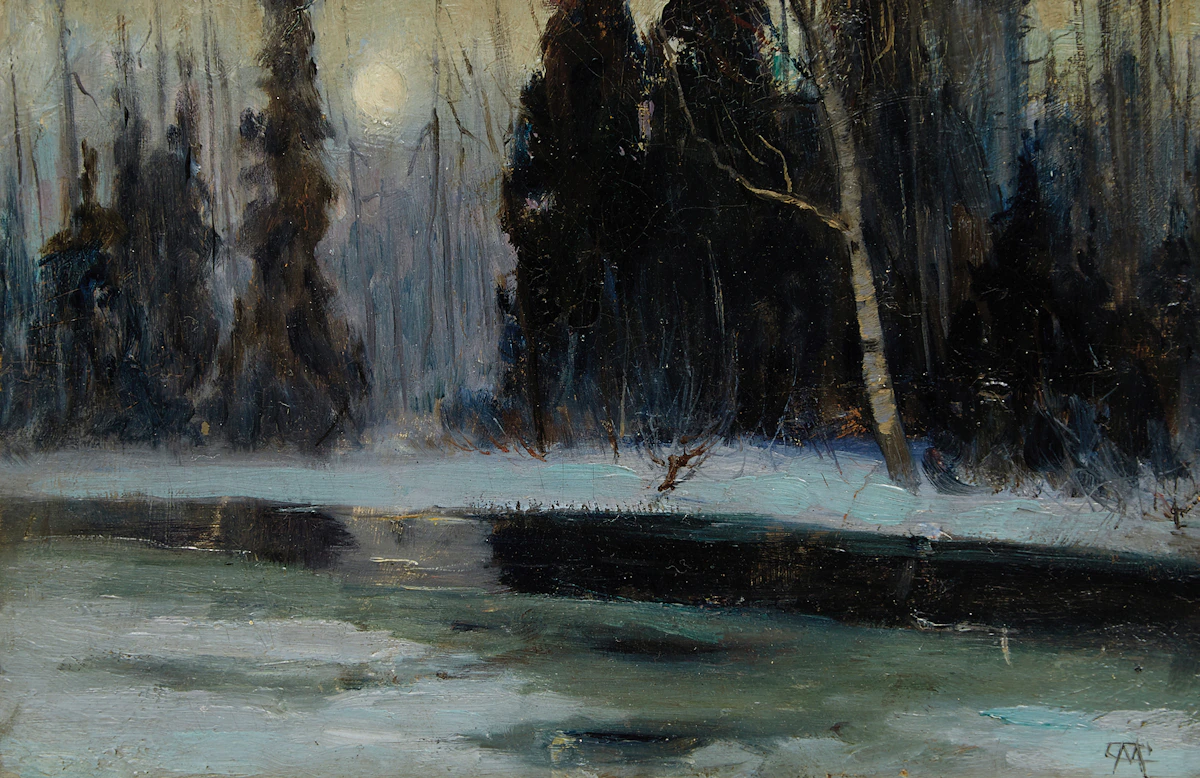 Maurice Galbraith Cullen, The Cache River at Moonrise, oil on board