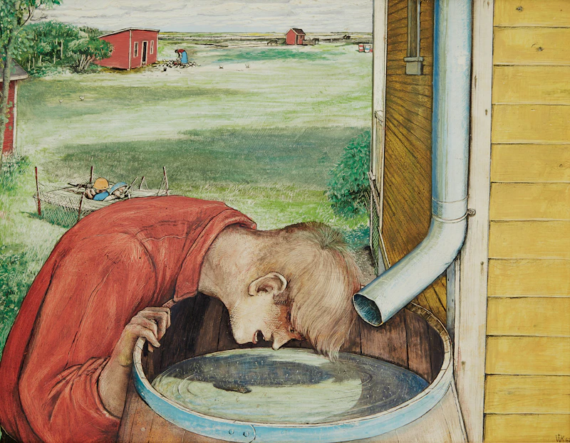 William Kurelek, Yelling at Young Mosquitos in Rain Barrel