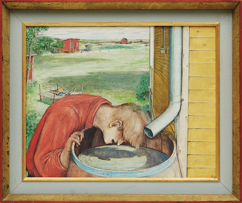 William Kurelek, Yelling at Young Mosquitos in Rain Barrel, mixed media on board, 1967 - view 2