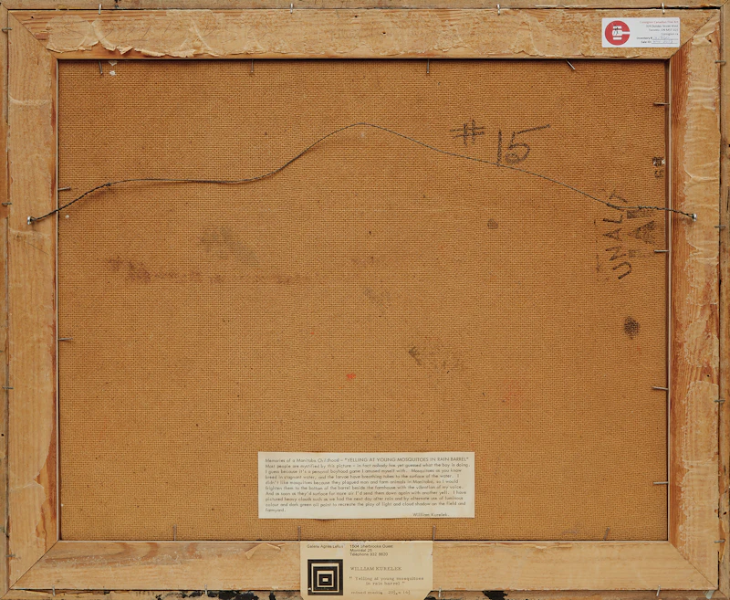 William Kurelek, Yelling at Young Mosquitos in Rain Barrel, mixed media on board, 1967 - view 3