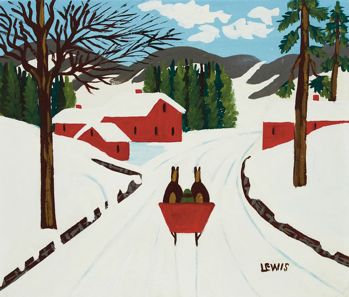 Maud Lewis, Red Sleigh on a Country Road, oil on board
