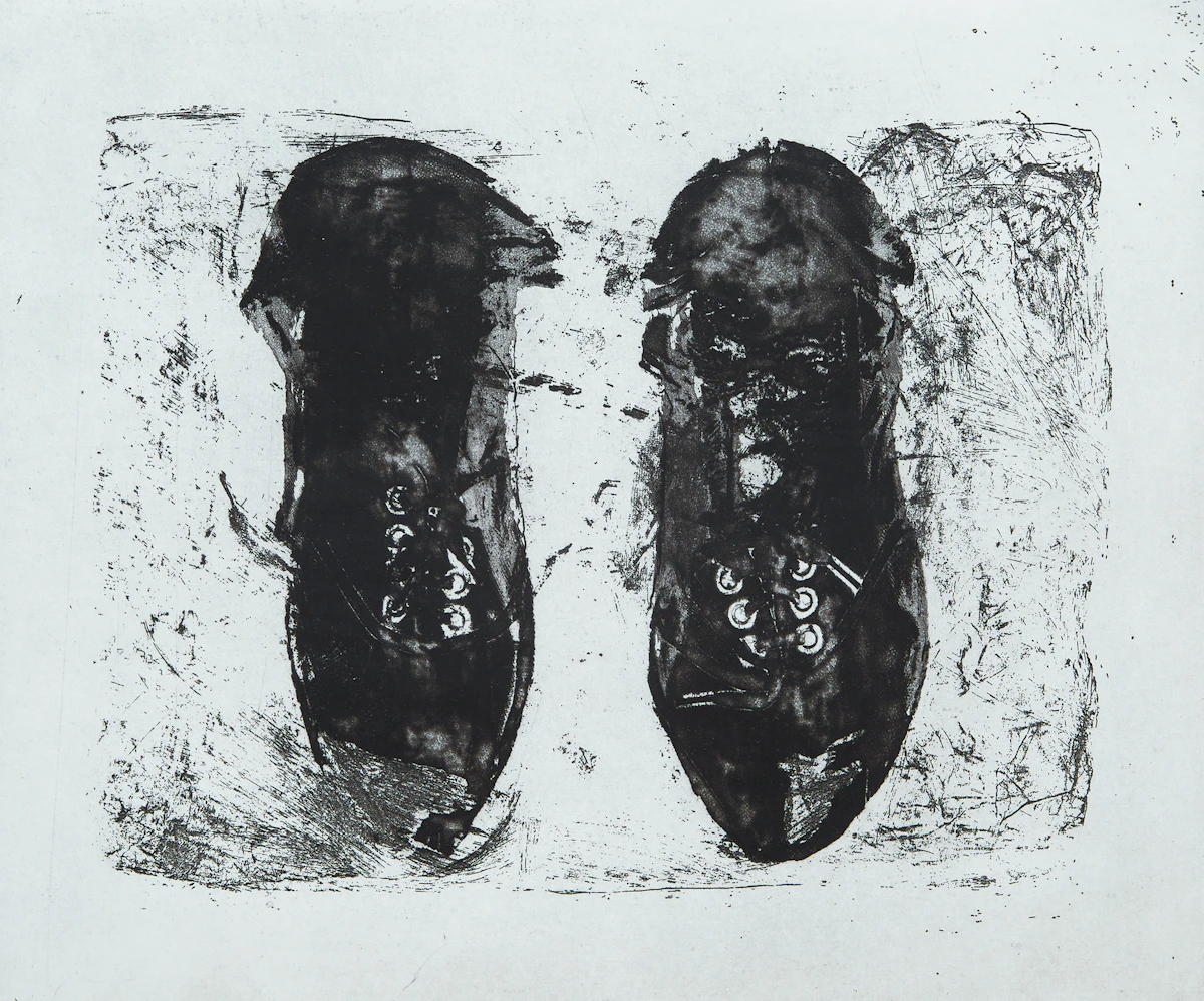 Betty Roodish Goodwin, Parcelled Shoes for the Long Distance Runner, soft-ground etching and drypoint, 1970