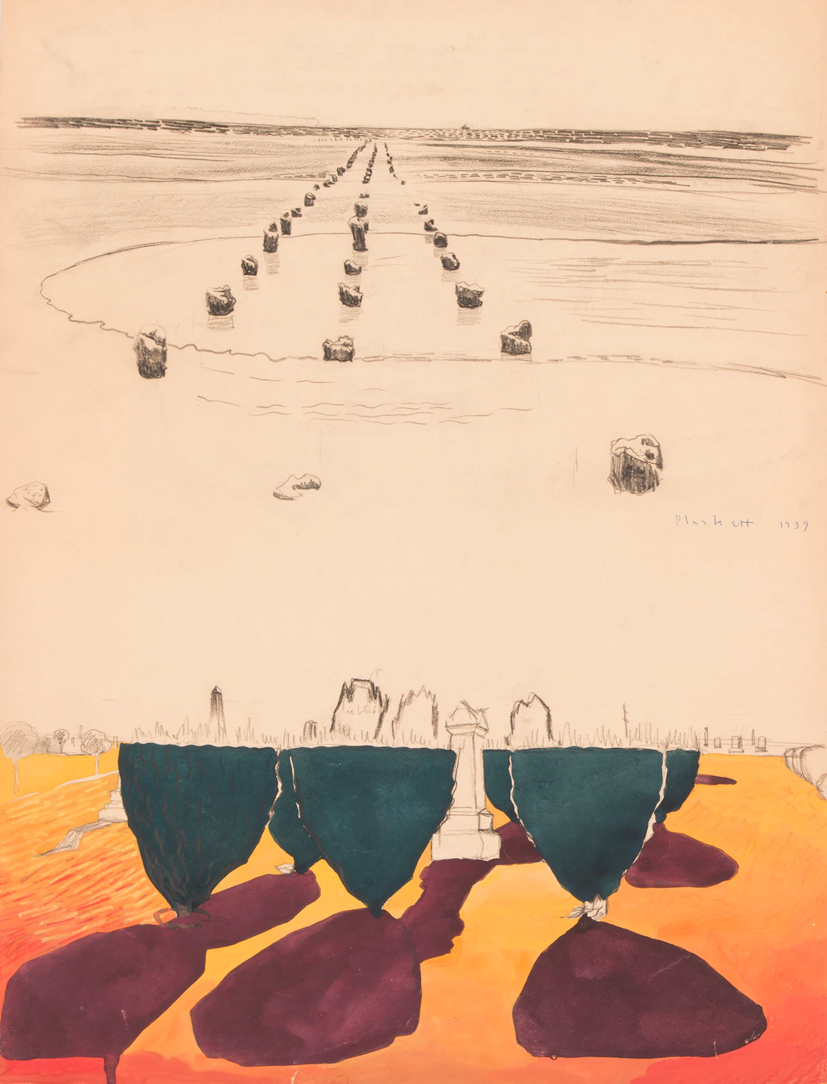 Joseph Francis Plaskett, Boundary Bay B.C. Cemetery, charcoal and tempera on paper, 1939