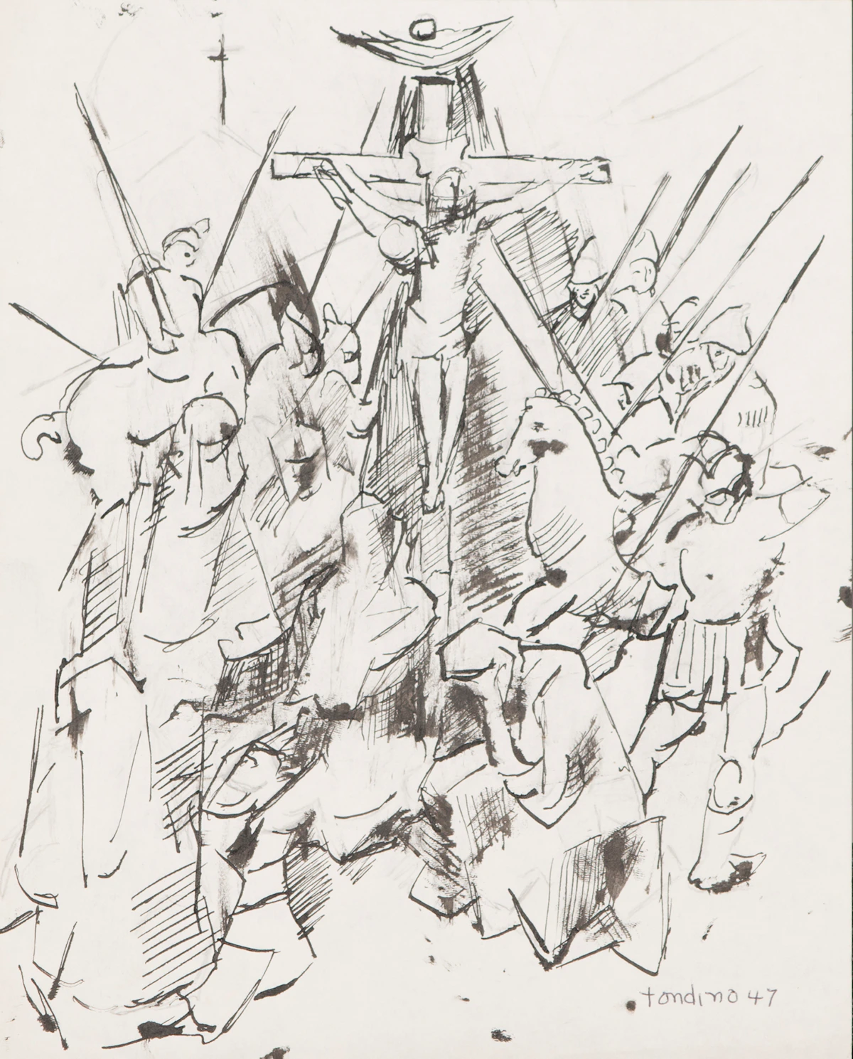 Gentile Tondino, Crucifixion Scene; Three Men Meeting; Abstract Collage, assorted media on paper (3)