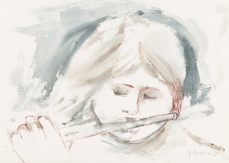 Gentile Tondino, Three Works: House in Forest; Still Life; Girl Playing Flute, assorted media on paper (3) - view 3