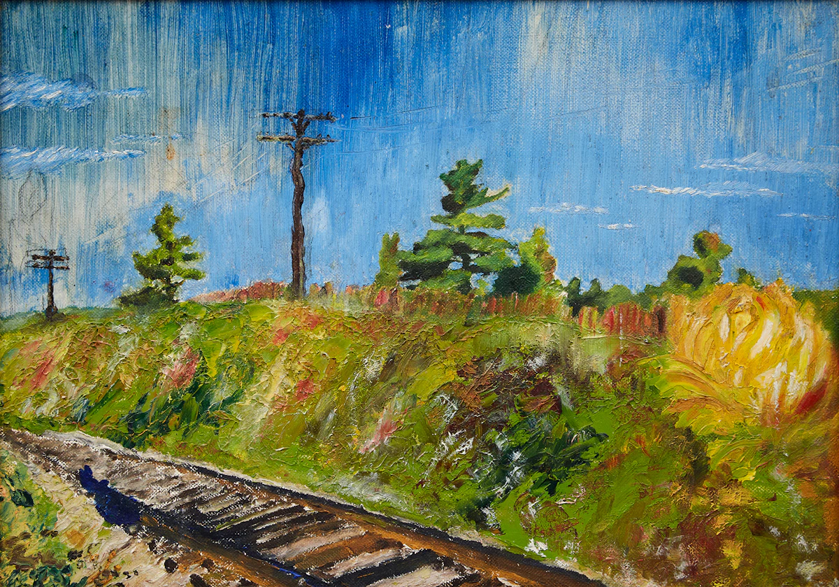 Arthur Shilling, Train Tracks, oil on canvas board, 1960