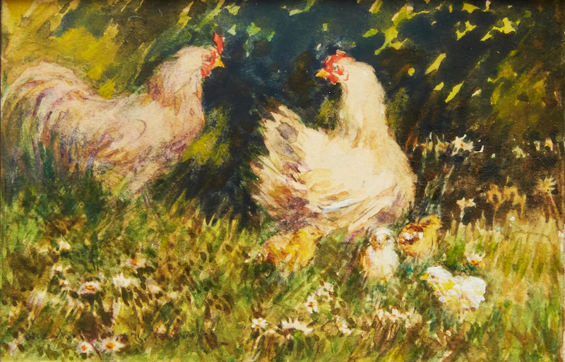 Elizabeth Annie McGillivray Knowles, Roosters with Chicks; Roosters and Chickens in the Yard, two watercolours - view 2
