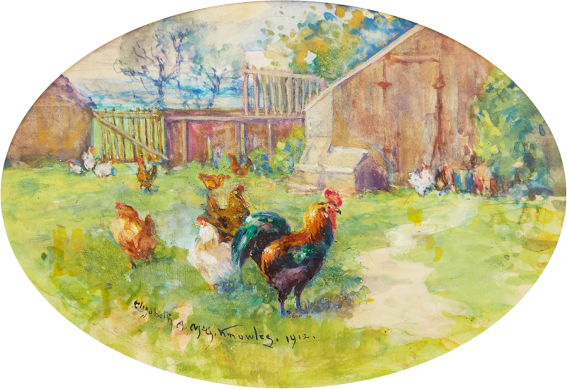 Elizabeth Annie McGillivray Knowles, Roosters with Chicks; Roosters and Chickens in the Yard, two watercolours - view 5