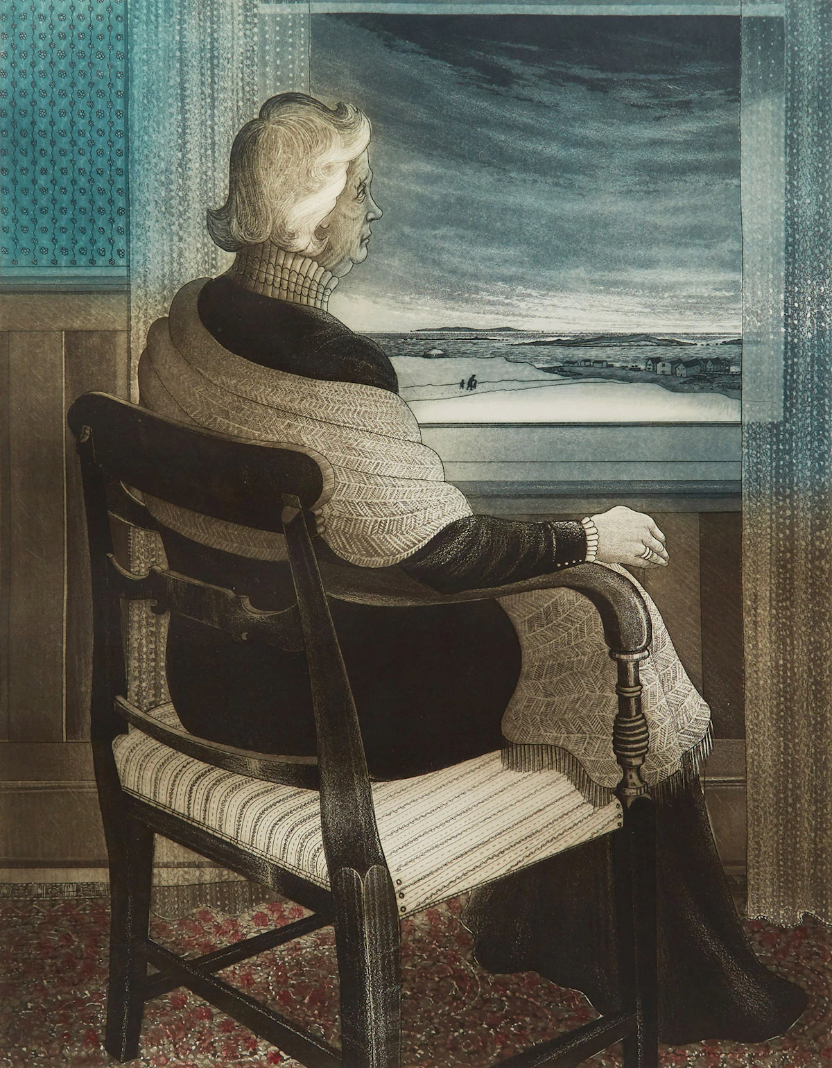 David Lloyd Blackwood, Mrs. Captain B, Home in Wesleyville, colour etching and aquatint, 1979