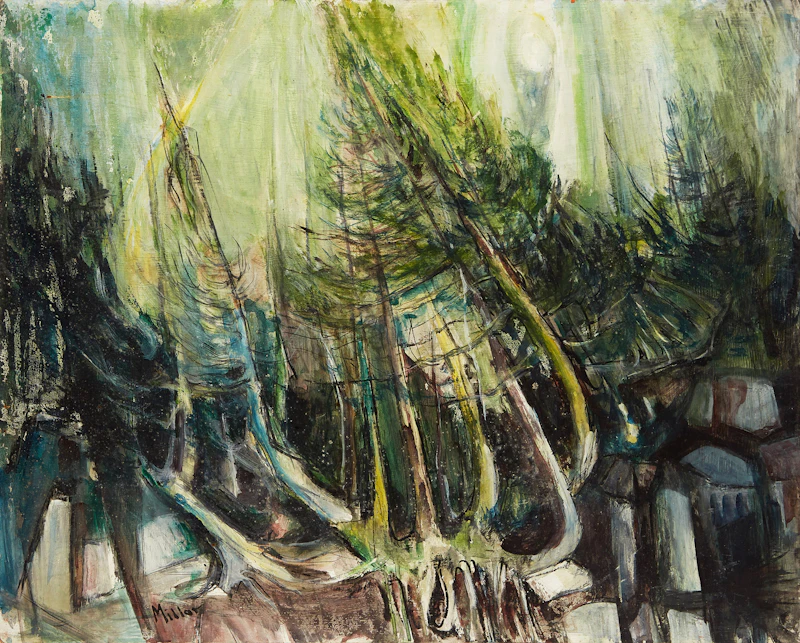 Alexander Samuel Millar, King in a Deck of Cards; Conical Pines in Green; Abstract Winter Scene, three oils on board - view 3