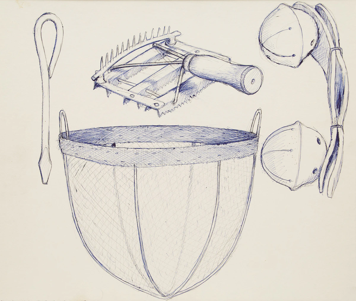 William Kurelek, Homemade Screwdriver and Horse Equipment, pen and ink drawing