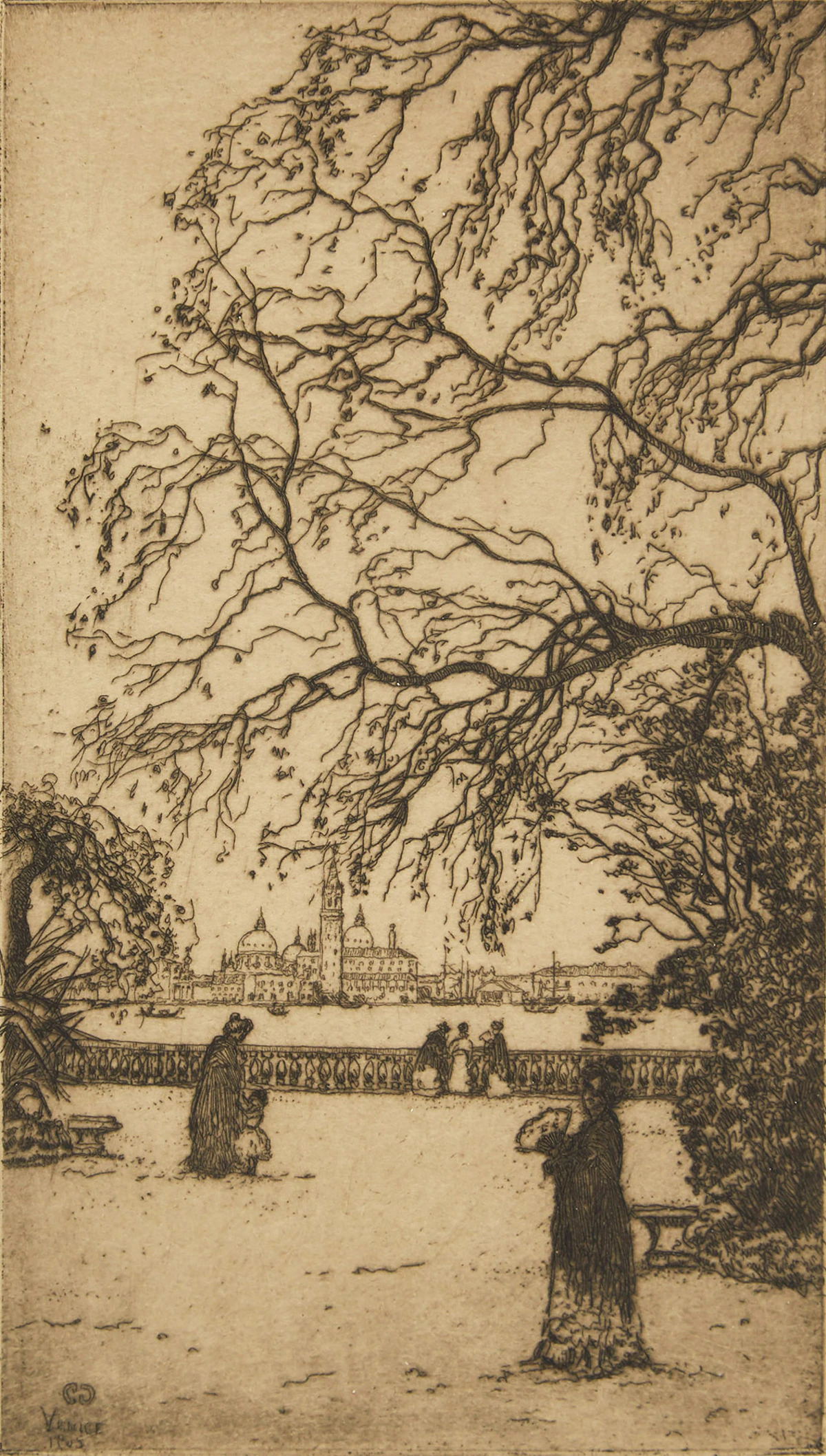 Clarence Alphonse Gagnon, Public Gardens Venice, etching, 1905