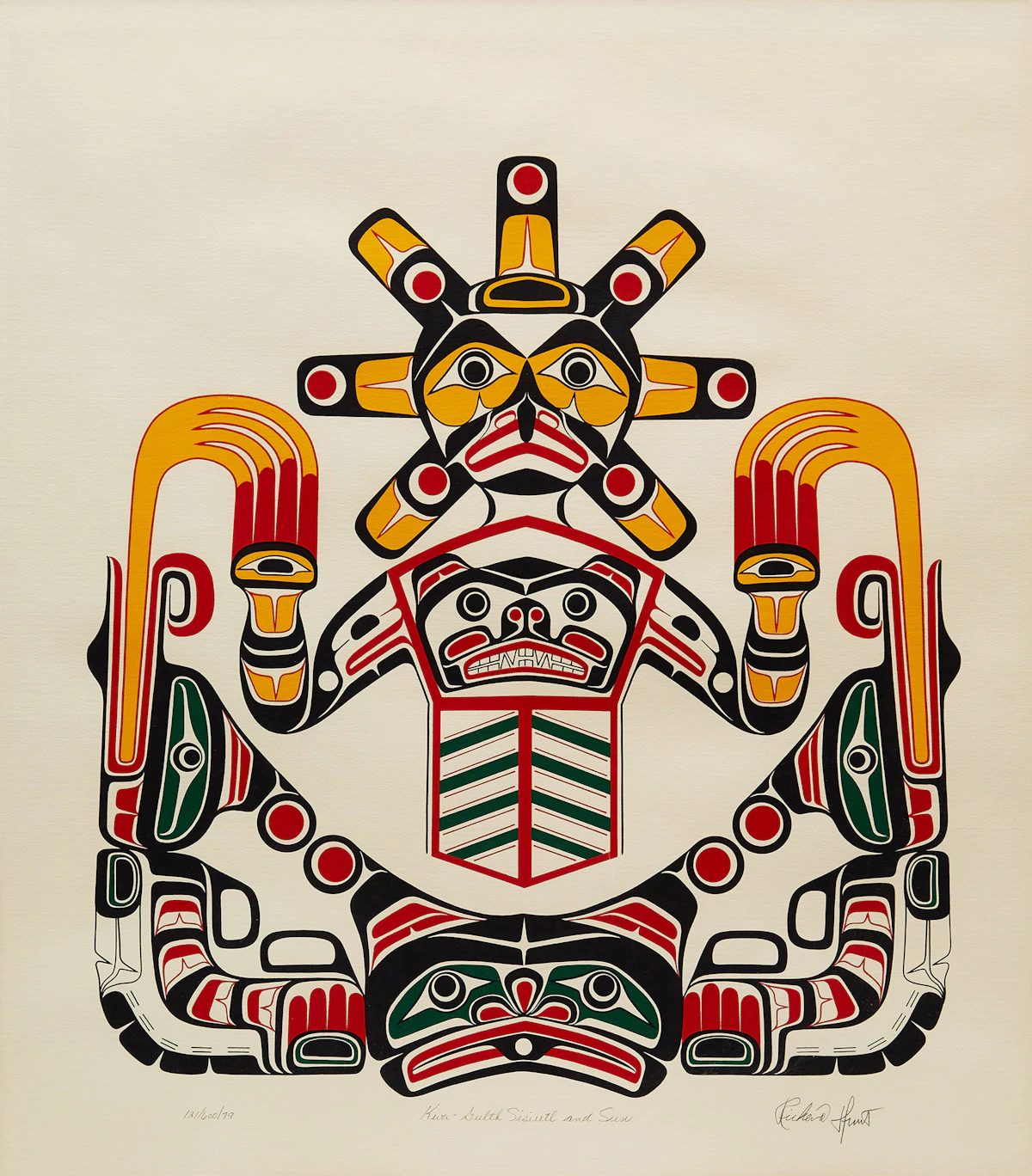 Richard Hunt, Kwu-Gulch Sisiutl and Sun, colour silkscreen, 1976