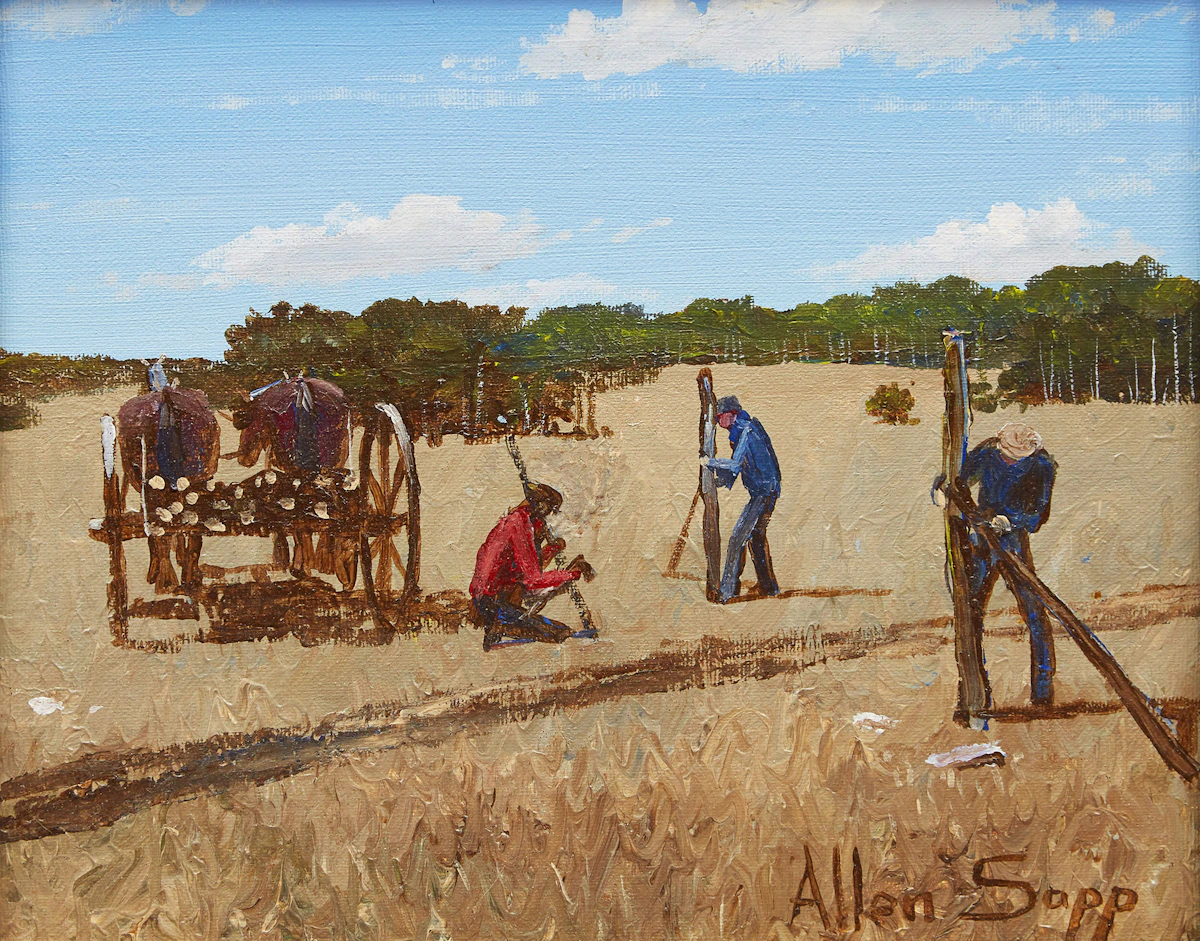 Allen Sapp, Mending a Fence, acrylic on canvas