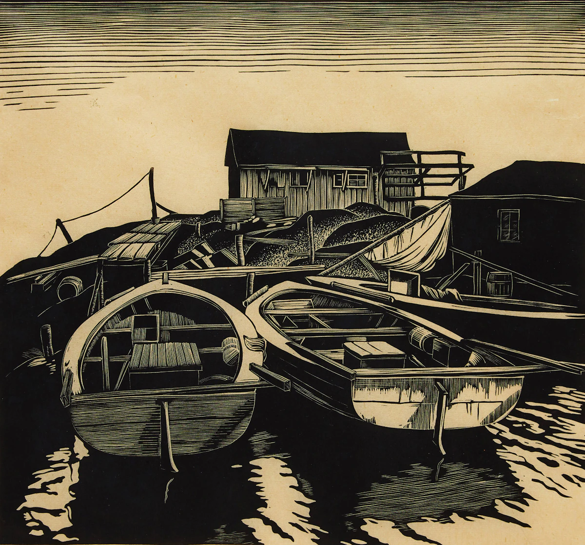 Leonard Hutchinson, Back Water, woodblock print