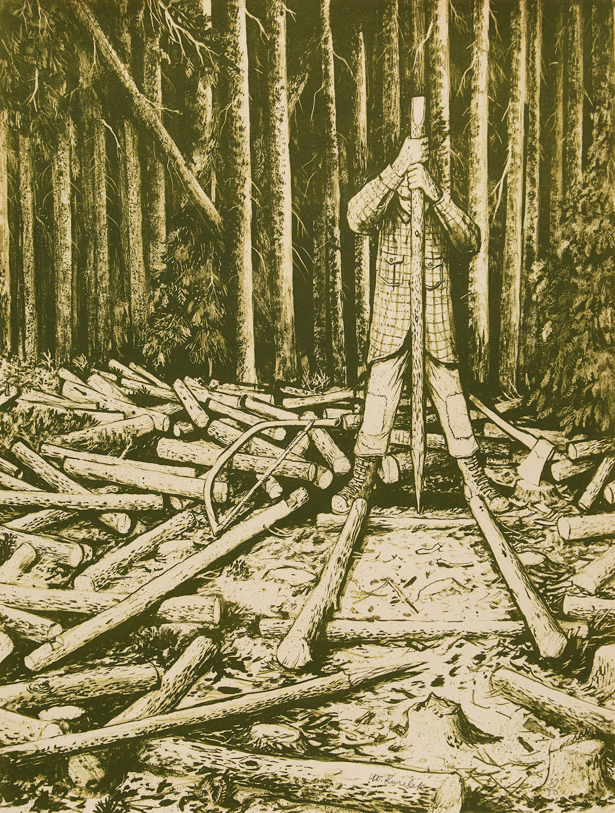 William Kurelek, Building a Cord Cradle, lithograph, 1973