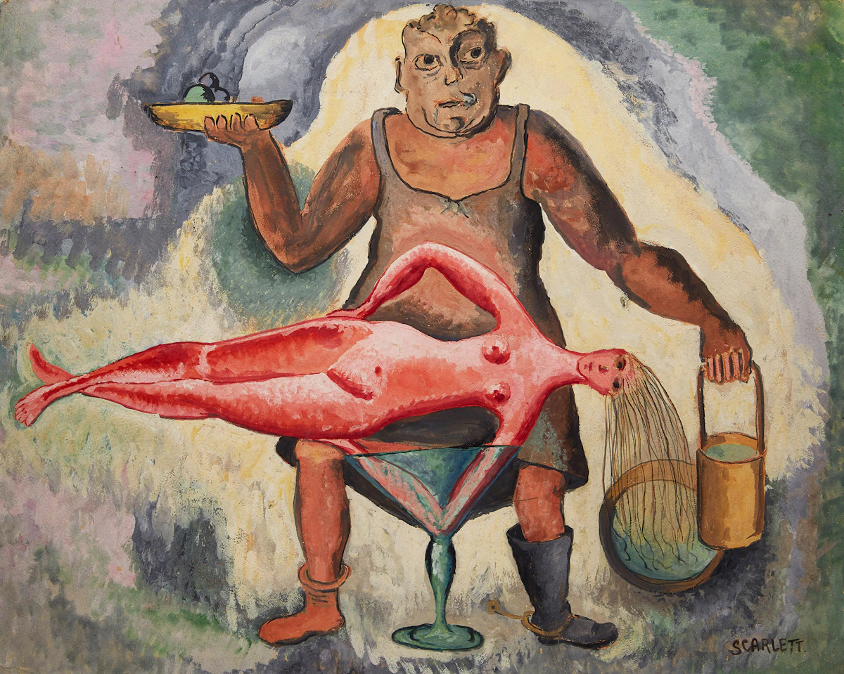 Rolph Scarlett, Figures in a Surreal Scene, mixed media on paper