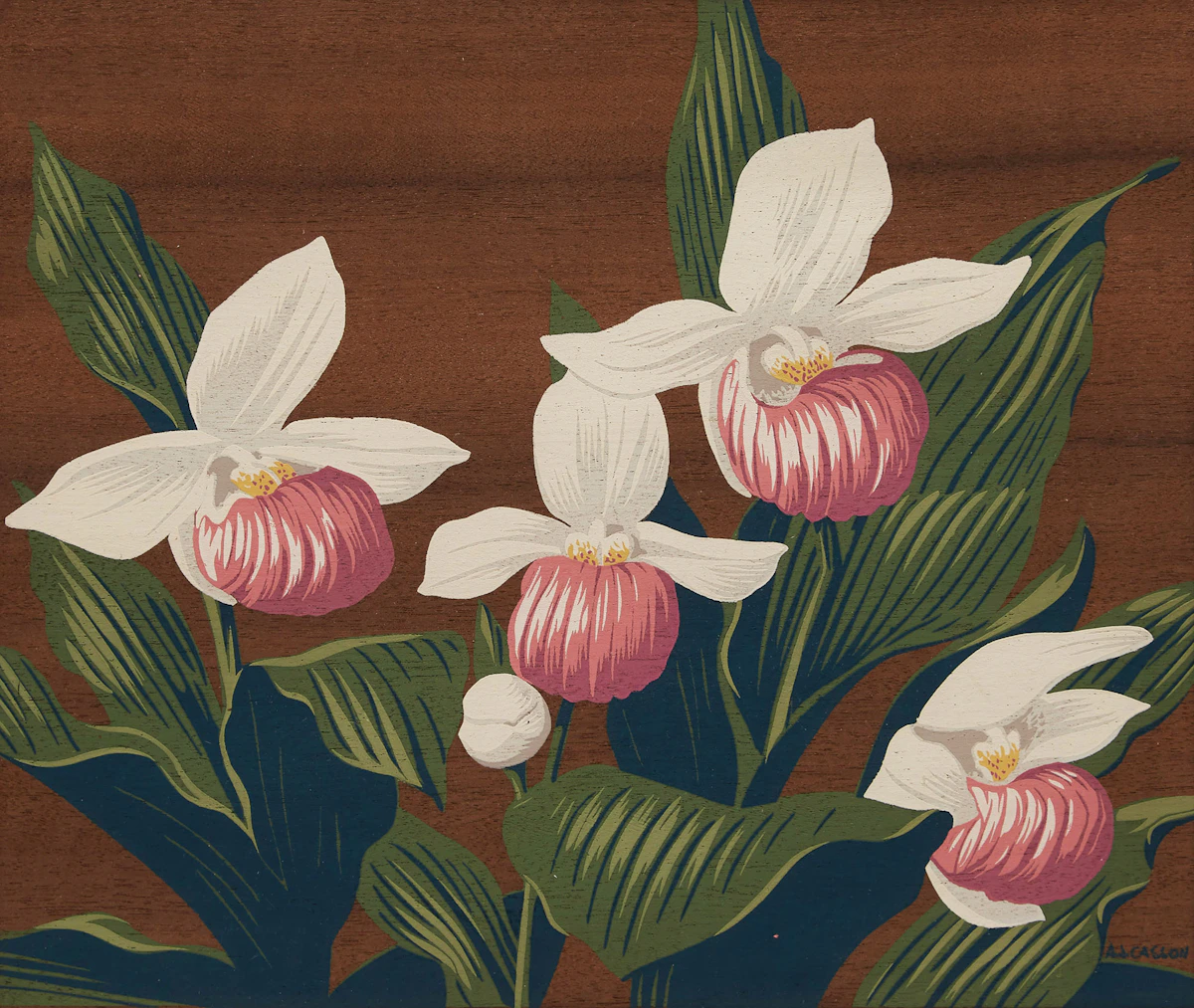 Alfred Joseph Casson, Lady Slipper Orchids; Marsh Marigolds, two silkscreens on veneer