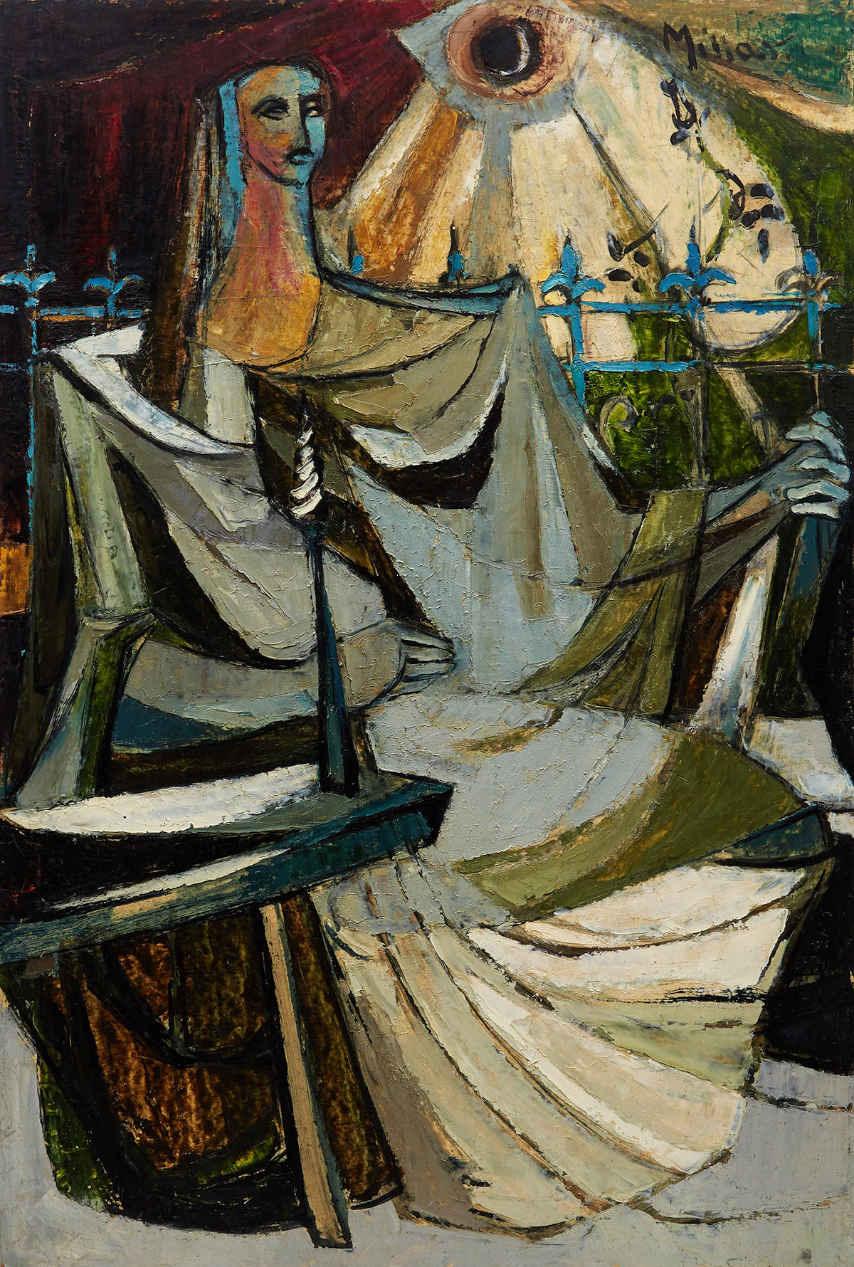 Alexander Samuel Millar, Portrait in Blues and Greys; Abstracted Interior; Portrait in Purple, three oils on board