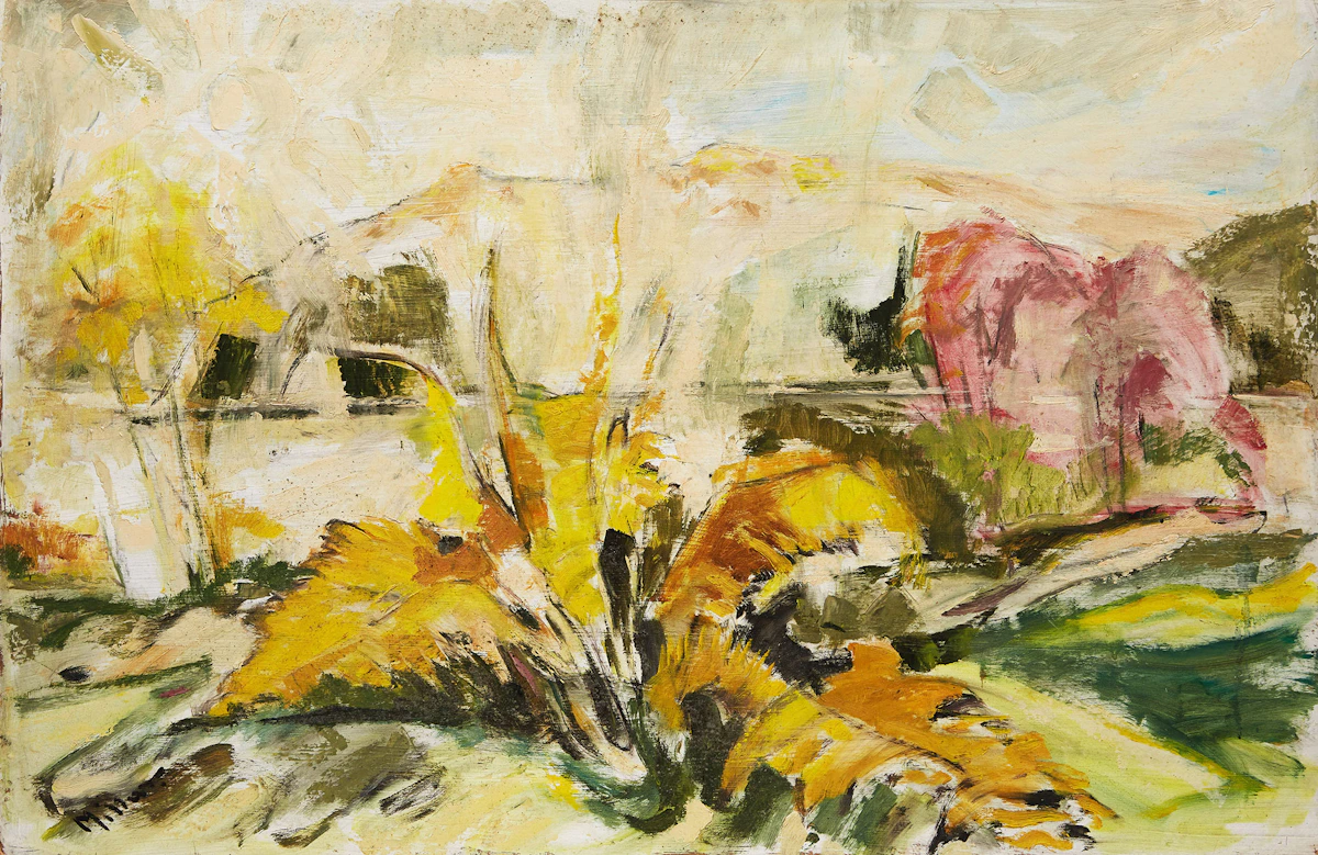 Alexander Samuel Millar, Landscape in Yellow; Blue Crab in Pink Scene; Self Portrait, three oils on board