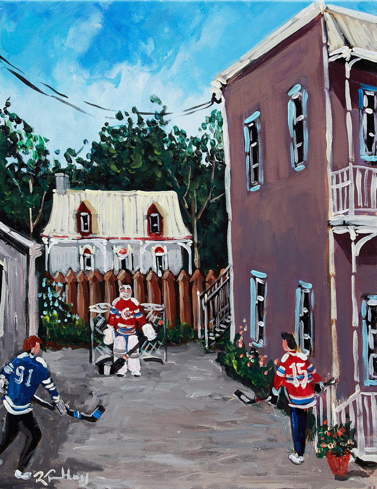 Roland Tremblay, Une game dans le cour, oil on canvas