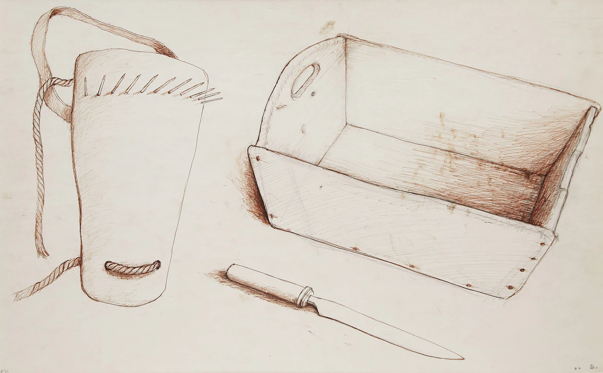 William Kurelek, Calf Weaner, Dough Trough and Knife, ink and graphite drawing, 1971