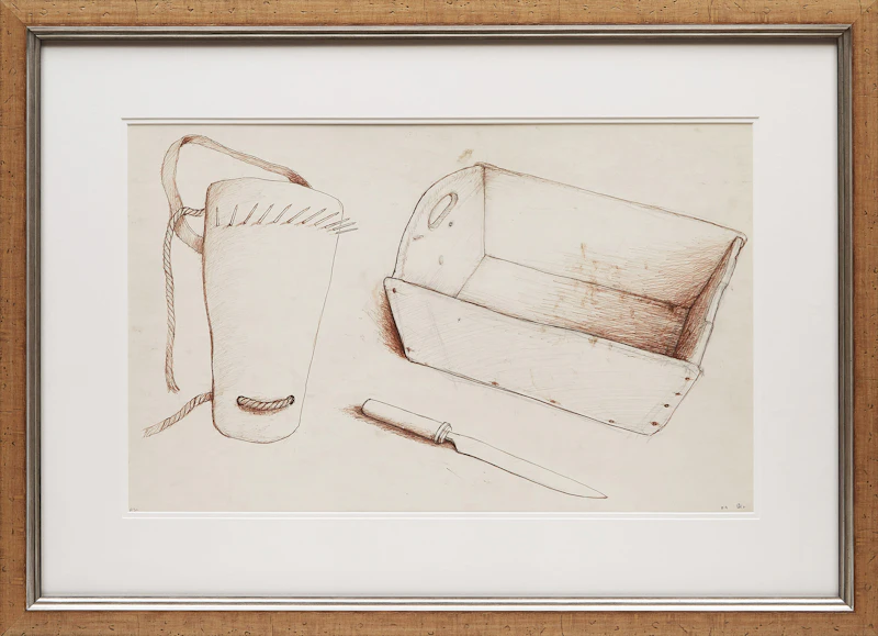 William Kurelek, Calf Weaner, Dough Trough and Knife, ink and graphite drawing, 1971 - view 2