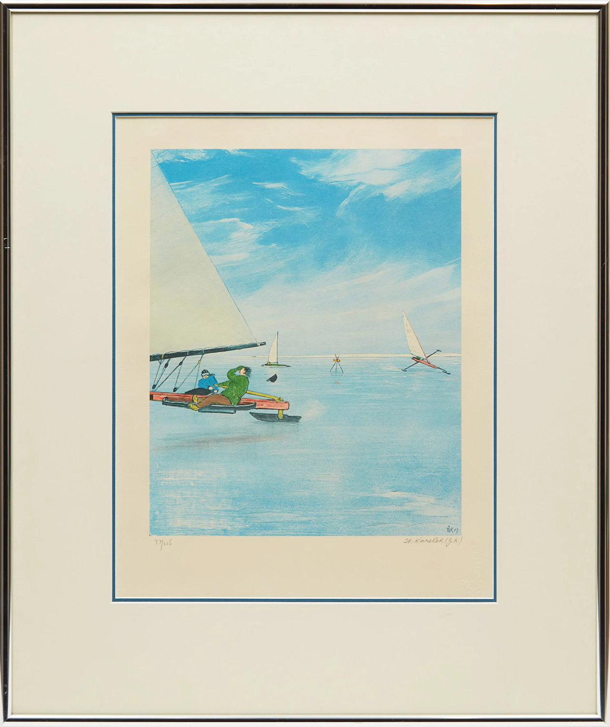 William Kurelek, Ice Sailing, colour lithograph